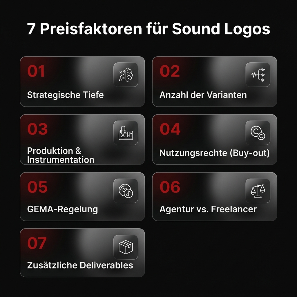 7 Preisfaktoren für Sound Logos: Strategische Tiefe, Anzahl Varianten, Produktion, Nutzungsrechte, GEMA, Agentur vs. Freelancer, Deliverables