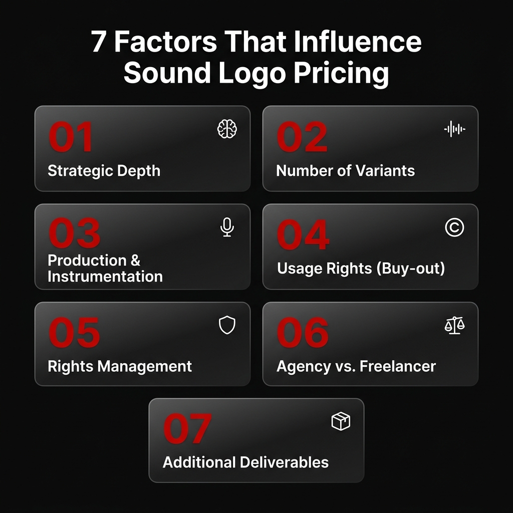 7 Factors That Influence Sound Logo Pricing: Strategic Depth, Number of Variants, Production, Usage Rights, Rights Management, Agency vs. Freelancer, Deliverables