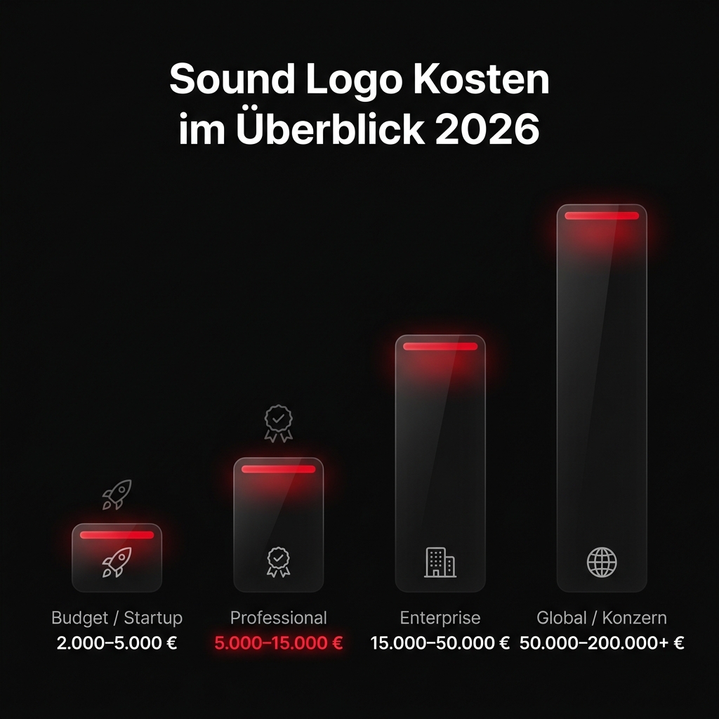 Sound Logo Kosten im Überblick 2026: Budget ab 2.000€, Professional 5.000–15.000€, Enterprise bis 50.000€, Global bis 200.000+€