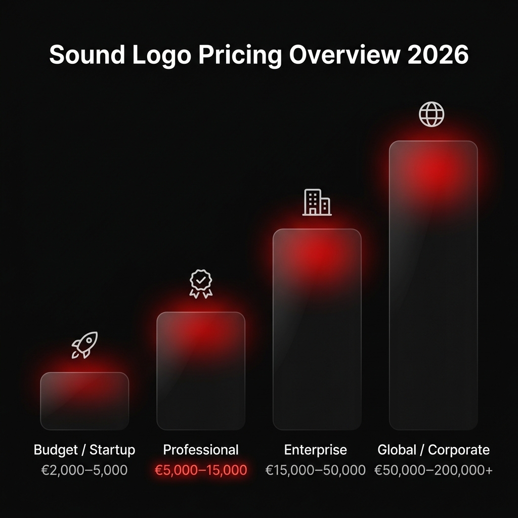 Sound Logo Pricing Overview 2026: Budget from €2,000, Professional €5,000–15,000, Enterprise up to €50,000, Global up to €200,000+