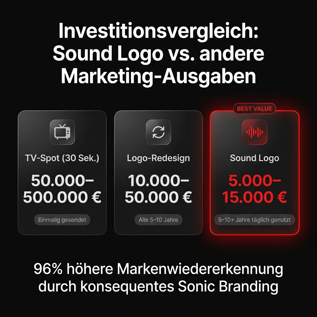 Investitionsvergleich: Sound Logo 5.000–15.000€ vs. TV-Spot 50.000–500.000€ vs. Logo-Redesign 10.000–50.000€ – Sound Logo ist Best Value