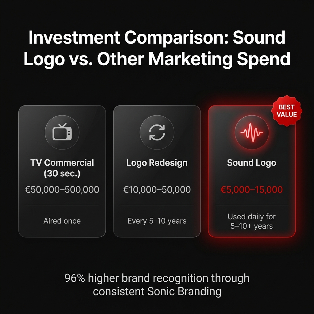 Investment Comparison: Sound Logo €5,000–15,000 vs. TV Commercial €50,000–500,000 vs. Logo Redesign €10,000–50,000 – Sound Logo is Best Value