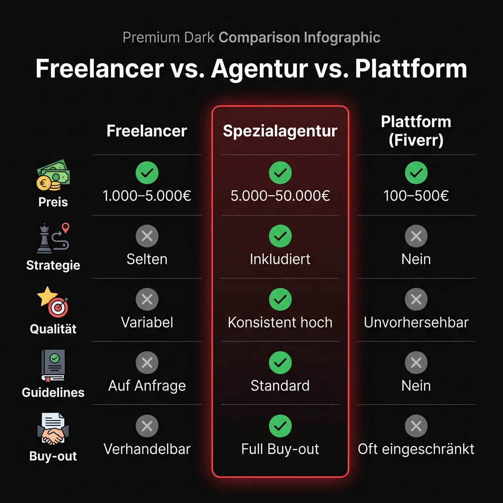 Freelancer vs. Spezialagentur vs. Plattform: Preis, Strategie, Qualität, Guidelines, Buy-out im Vergleich