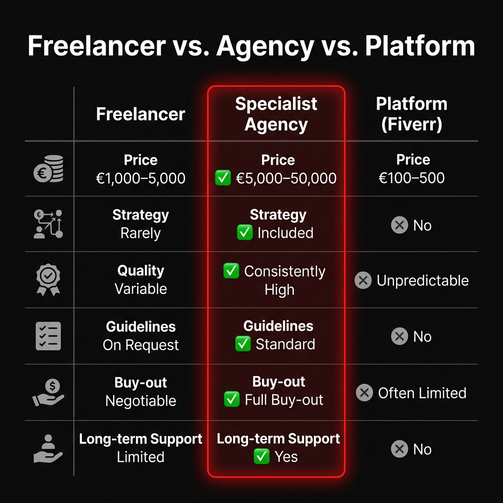 Freelancer vs. Specialist Agency vs. Platform: Price, Strategy, Quality, Guidelines, Buy-out compared