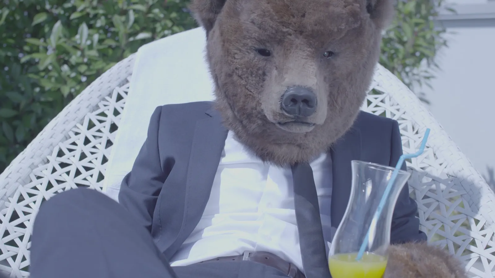 Der Bär im Anzug mit Cocktail am Pool, Standbild aus dem Spot „Urlaub“