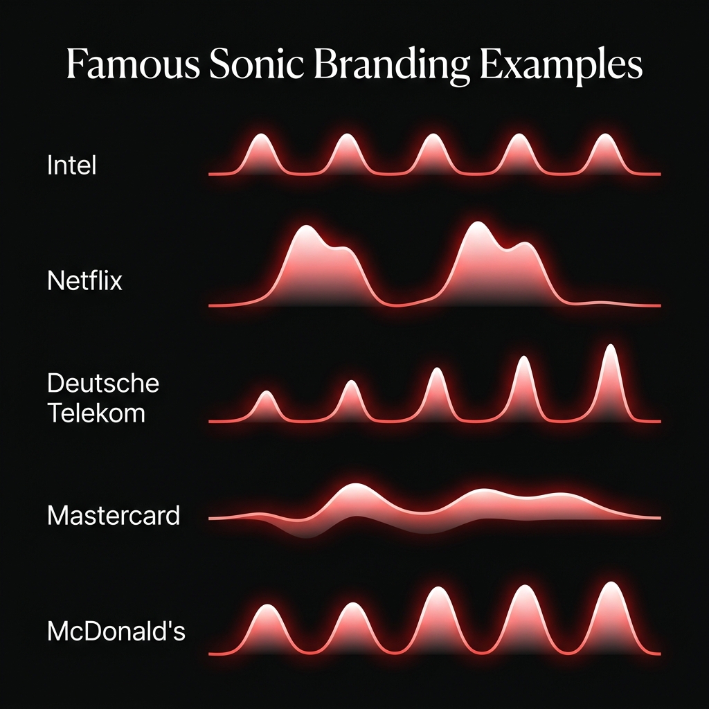 Famous Sonic Branding Examples: Intel, Netflix, Deutsche Telekom, Mastercard, McDonald's visualised as waveforms