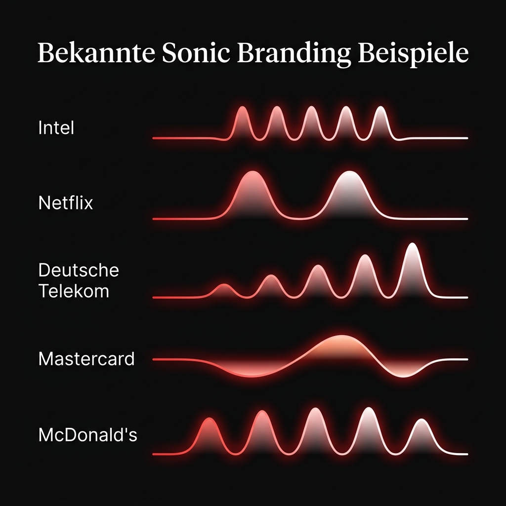 Bekannte Sonic Branding Beispiele: Intel, Netflix, Deutsche Telekom, Mastercard, McDonald's als Wellenformen visualisiert