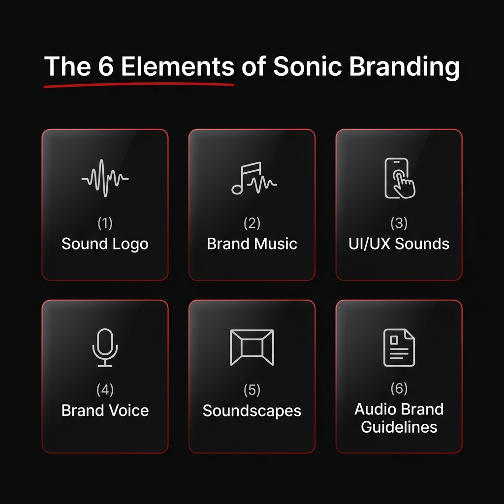 The 6 Elements of Sonic Branding: Sound Logo, Brand Music, UI/UX Sounds, Brand Voice, Soundscapes, Audio Brand Guidelines