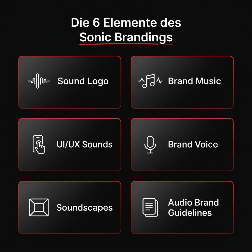 Die 6 Elemente des Sonic Brandings: Sound Logo, Brand Music, UI/UX Sounds, Brand Voice, Soundscapes, Audio Brand Guidelines