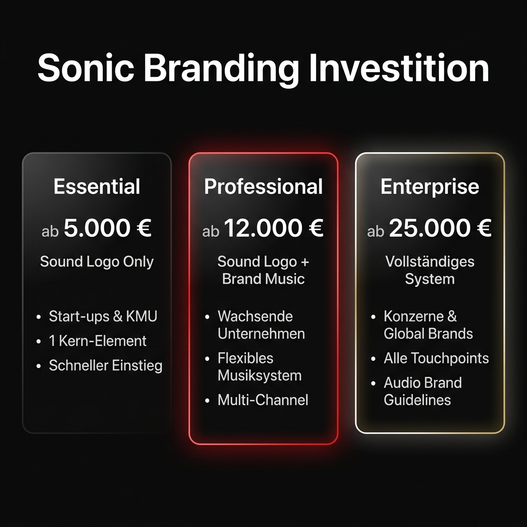 Sonic Branding Investition: Essential ab 5.000 €, Professional ab 12.000 €, Enterprise ab 25.000 €