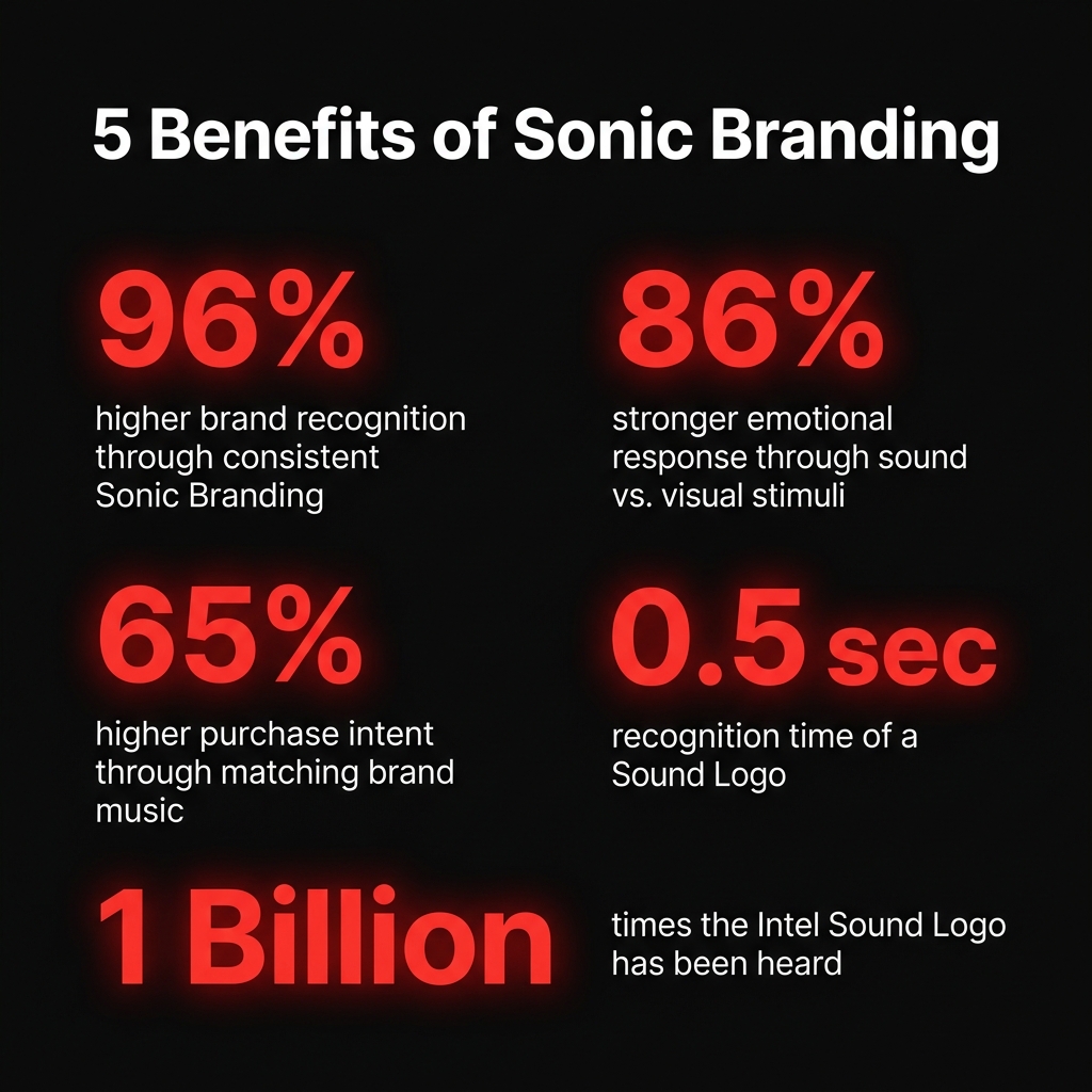 5 Benefits of Sonic Branding: 96% higher brand recognition, 86% stronger emotional response, 65% higher purchase intent
