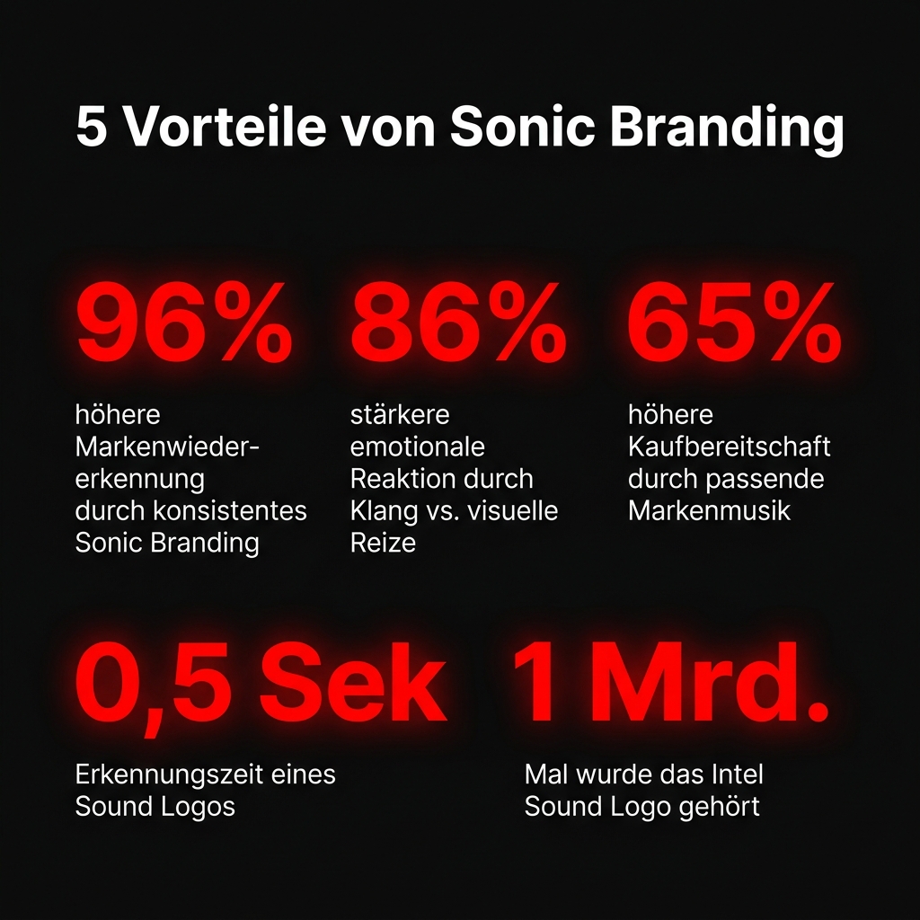 5 Vorteile von Sonic Branding: 96% höhere Markenwiedererkennung, 86% stärkere emotionale Reaktion, 65% höhere Kaufbereitschaft